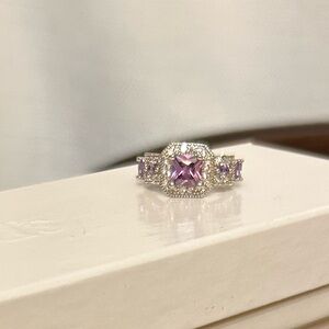 Vintage Size 6.25 Purple Amethyst CZ & Diamond CZ Gemstone Ring Silver Tone Band